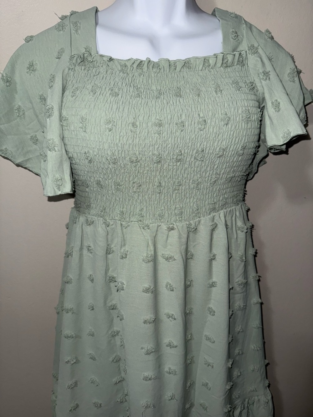 Light Sage Green Textured Smocked Midi Dress